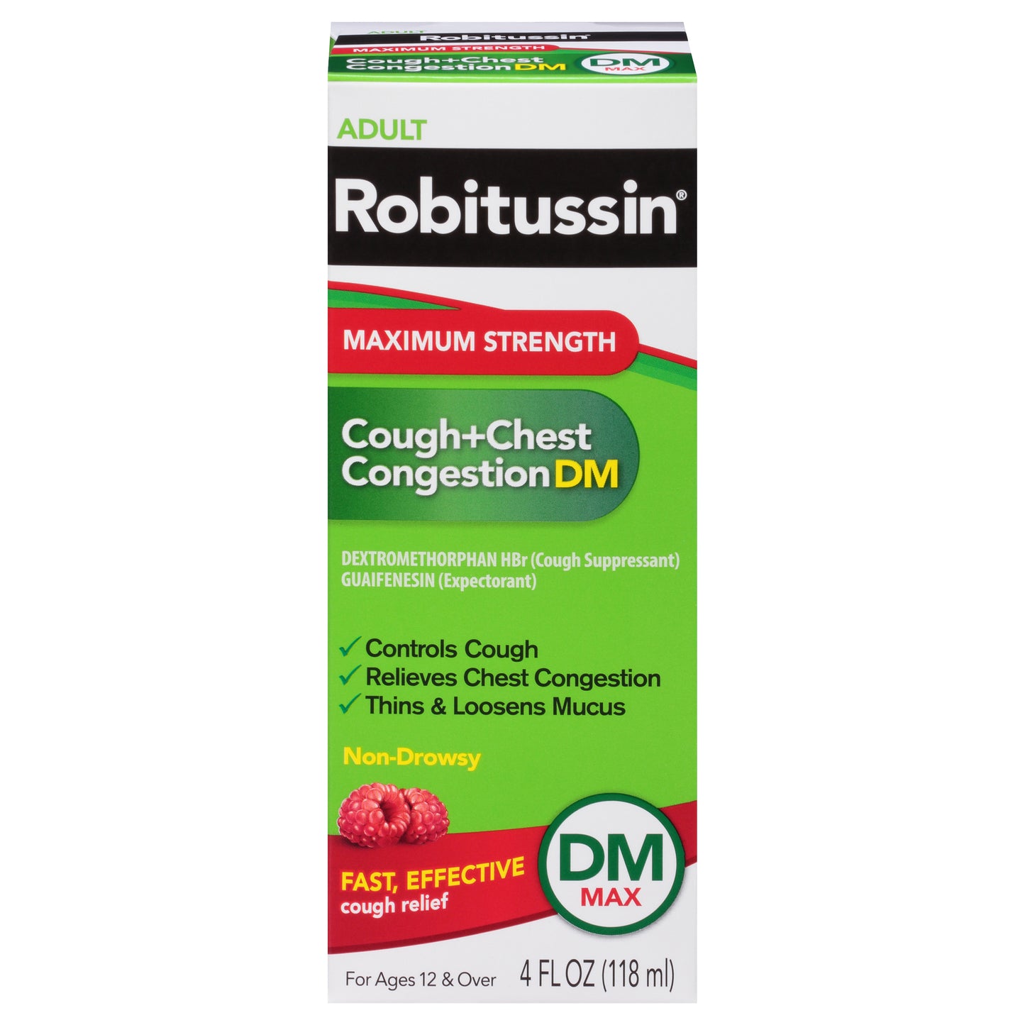 Robitussin Adult Max Strength Cough + Chest Congestion DM Max, Raspberry Flavor, 4 Fl Oz
