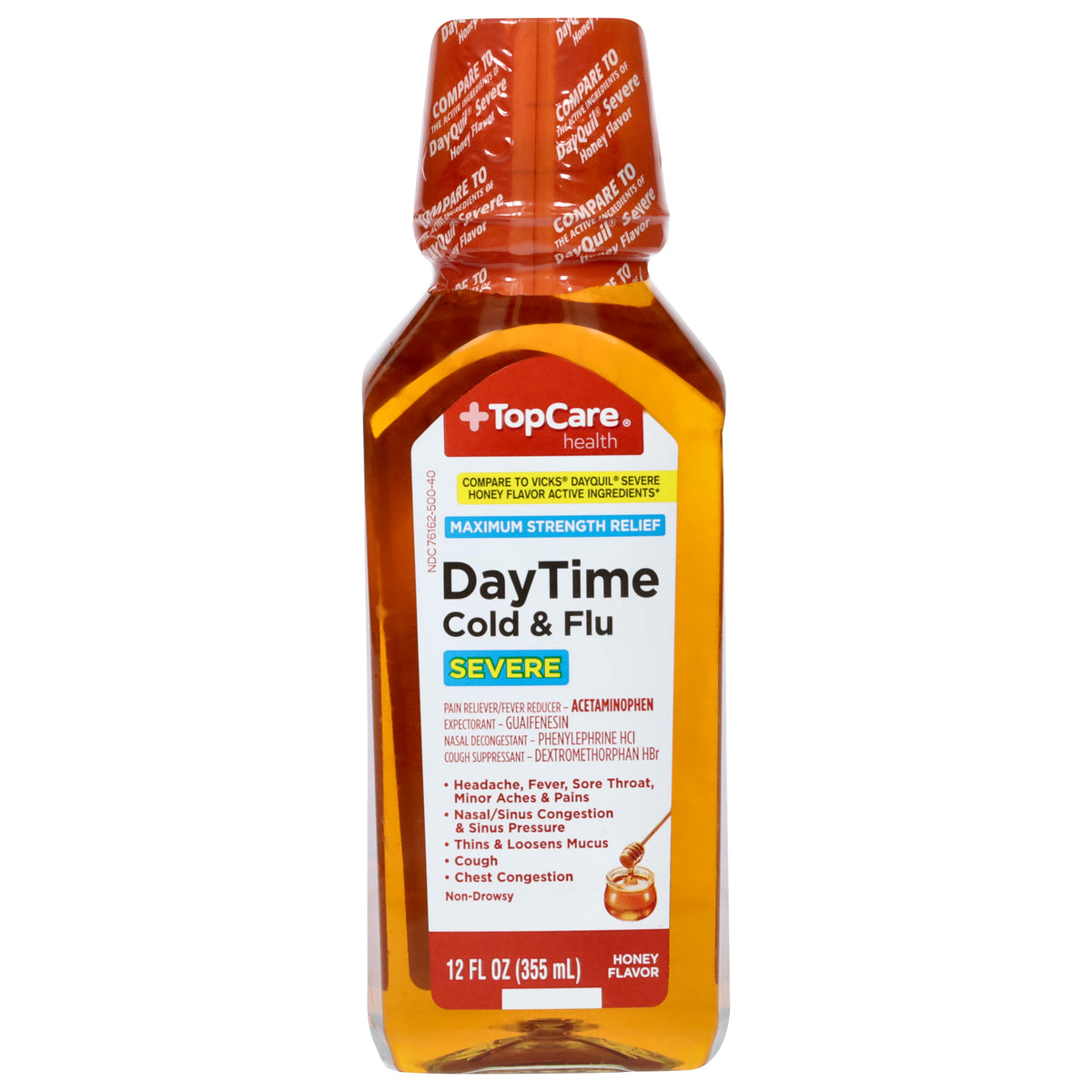 TopCare Health Maximum Strength Relief Severe DayTime Honey Flavor Cold & Flu 12 fl oz