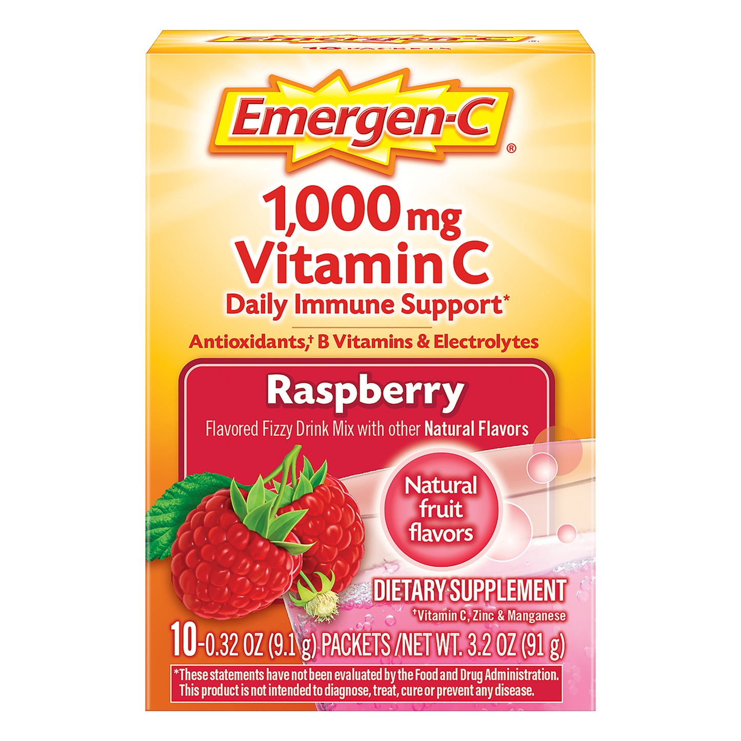 Emergen-C Vitamin C 1000mg Powder (10 Count, Raspberry Flavor), With Antioxidants, B Vitamins and Electrolytes, Dietary Supplement Fizzy Drink Mix, Caffeine Free
