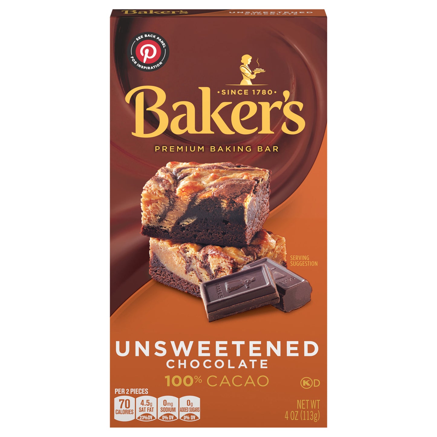 Baker's Unsweetened Chocolate Premium Baking Bar with 100 % Cacao, 4 oz Box