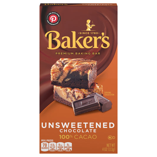 Baker's Unsweetened Chocolate Premium Baking Bar with 100 % Cacao, 4 oz Box