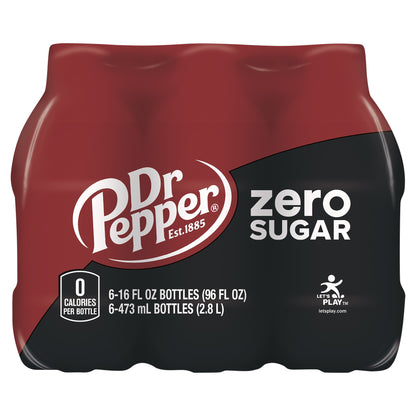 Dr Pepper Zero Sugar Soda, 16 fl oz bottles, 6 pack