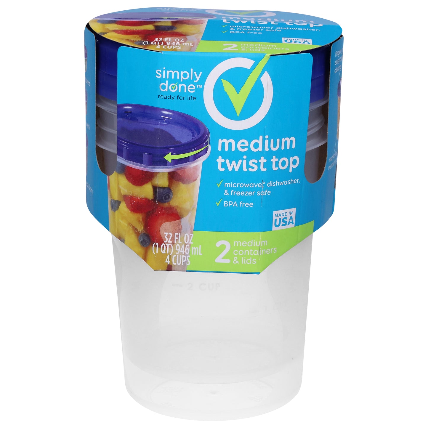 Simply Done 32 Fluid Ounce Medium Twist Top Containers & Lids 2 ea