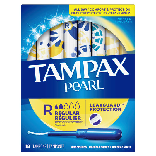 Tampax Pearl Tampons, with LeakGuard Braid, Regular Absorbency, Unscented, 18 Count