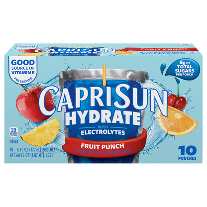Capri Sun Hydrate with Electrolytes Flavored Drink with Other Natural Flavor, 10 Pouches, for On-the-Go Hydration and School Lunches, Fruit Punch, Good Source of Vitamin E, 6 oz