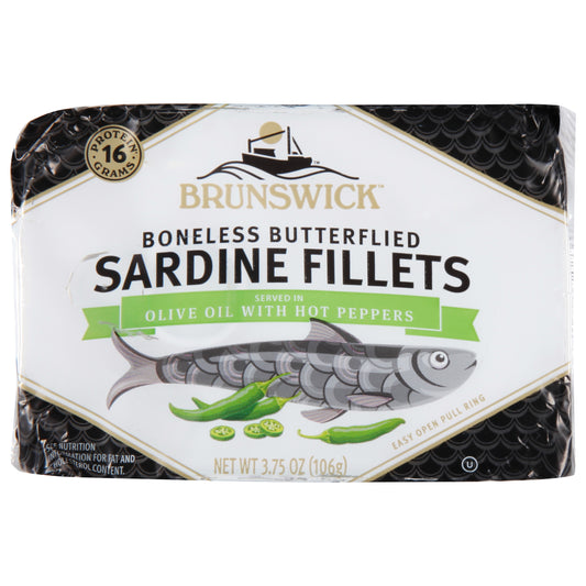 Brunswick Boneless Butterflied Olive Oil with Hot Peppers Sardine Fillets 3.75 oz