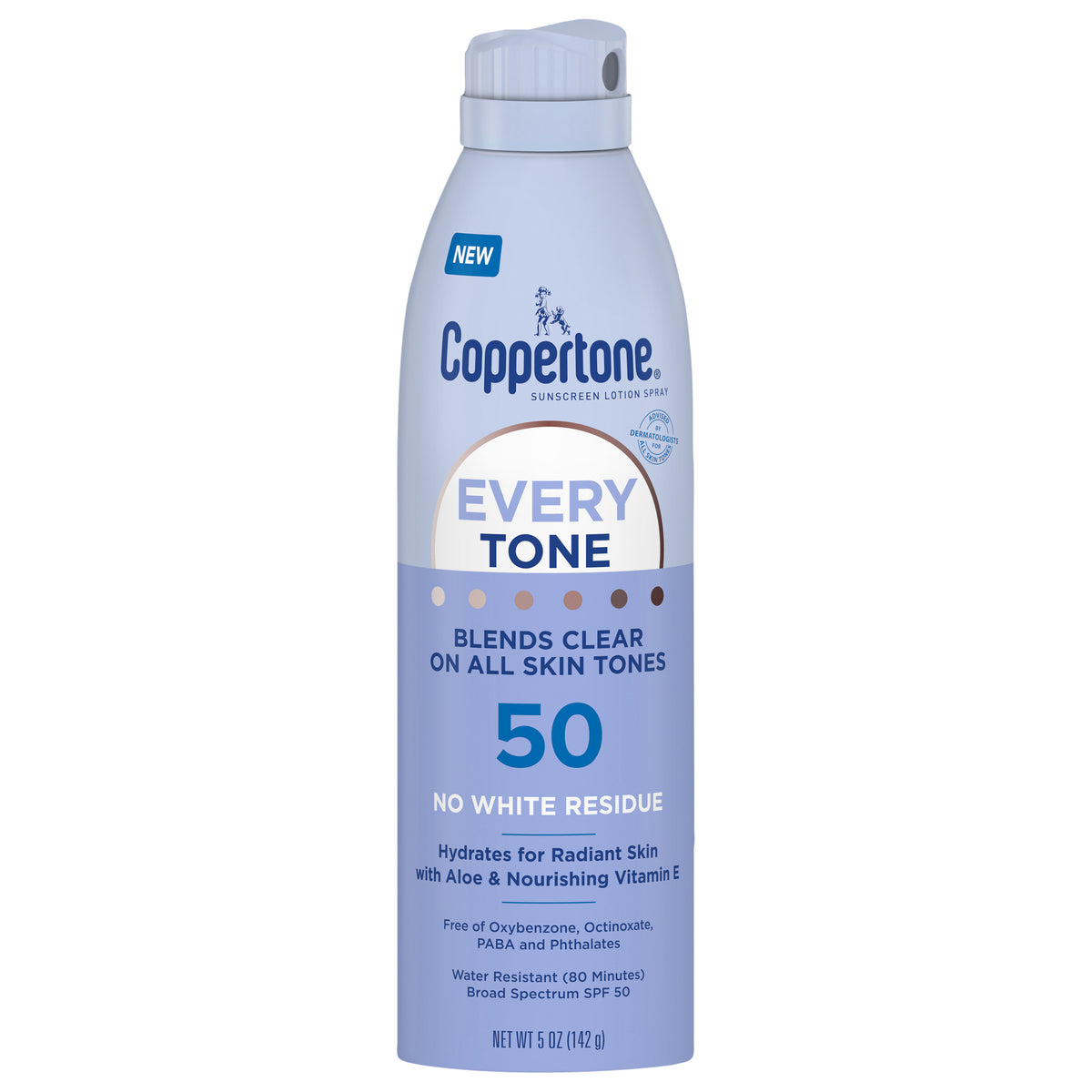 Coppertone Every Tone Sunscreen Spray, Blends in Clear Sunscreen, SPF 50, 5 oz Bottle