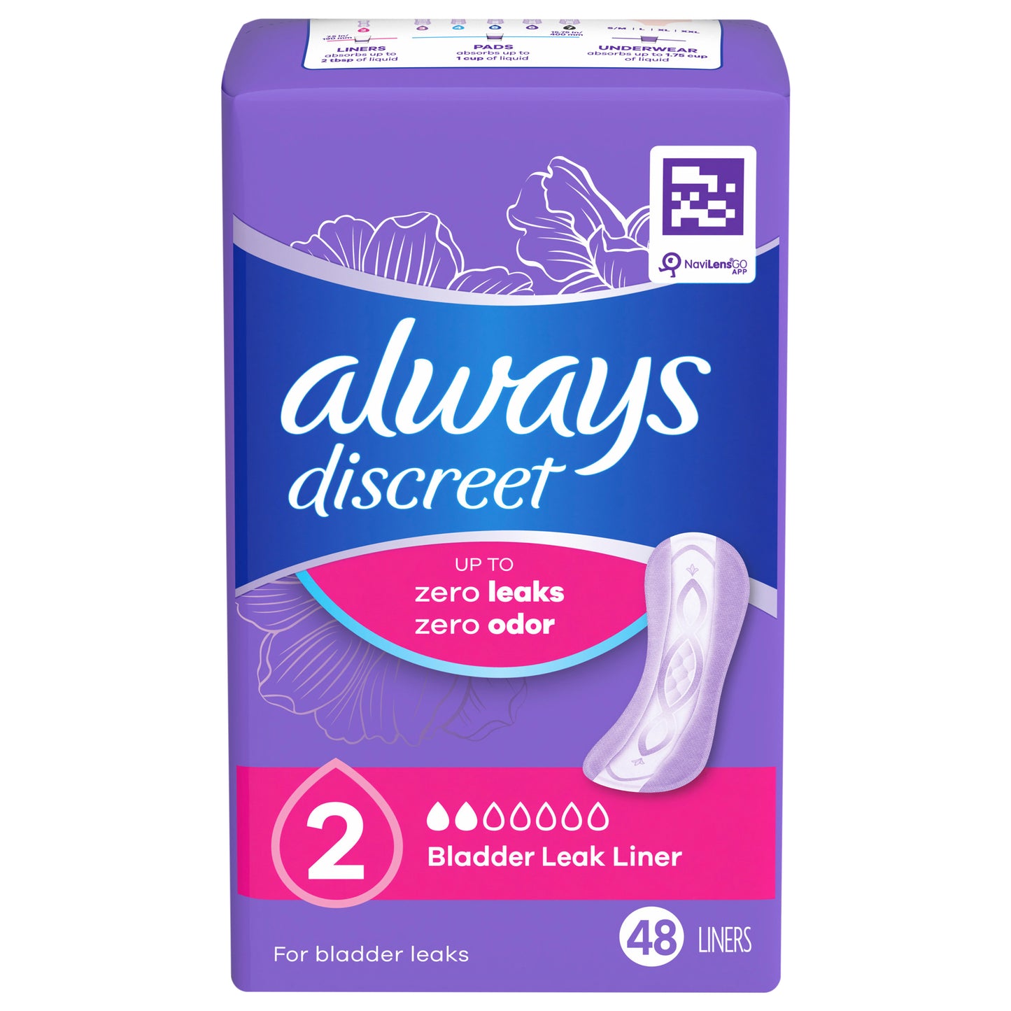 Always Discreet Incontinence Panty Liners for Bladder Leaks, Size 2, Very Light Absorbency, 48 CT