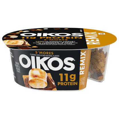 Oikos REMIX S’mores 11g Protein Vanilla Nonfat Greek Yogurt with Graham Cookies, Dark Chocolate and Toasted Marshmallow Bark Mix-Ins, 4.5 OZ Cup