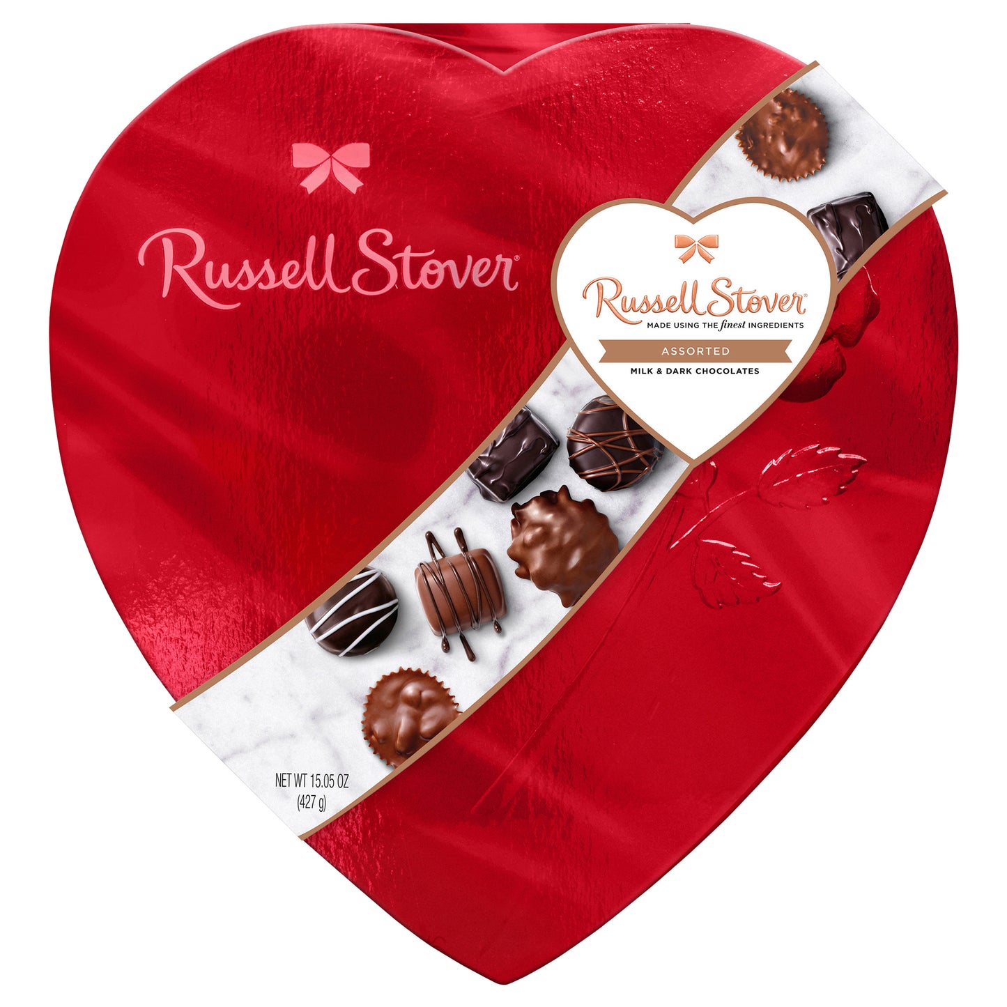 RUSSELL STOVER Valentine's Day Red Foil Heart Assorted Milk & Dark Chocolate Gift Box, 15.05 oz. (26 pieces)