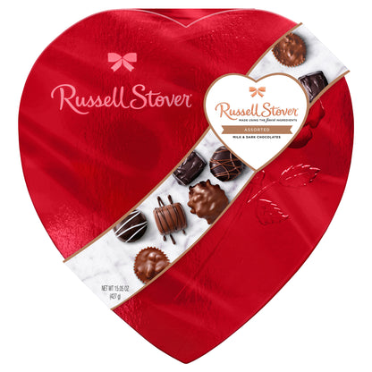 RUSSELL STOVER Valentine's Day Red Foil Heart Assorted Milk & Dark Chocolate Gift Box, 15.05 oz. (26 pieces)