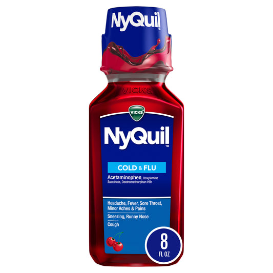 Vicks NyQuil Cherry Cold and Flu Relief Liquid Medicine, Powerful Multi-Symptom Nighttime Relief for Headache, Fever, Sore Throat, Minor Aches and Pains, Sneezing, Runny Nose, and Cough, Cherry Flavored, 8 FL OZ
