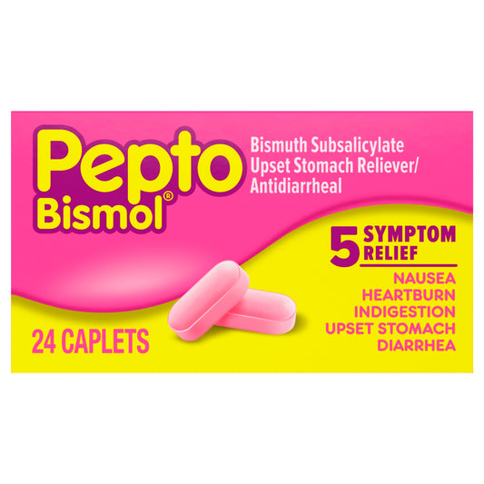 Pepto Bismol Caplets for Nausea, Heartburn, Indigestion, Upset Stomach, and Diarrhea - 5 Symptom Fast Relief in a Convenient Form 24 ct