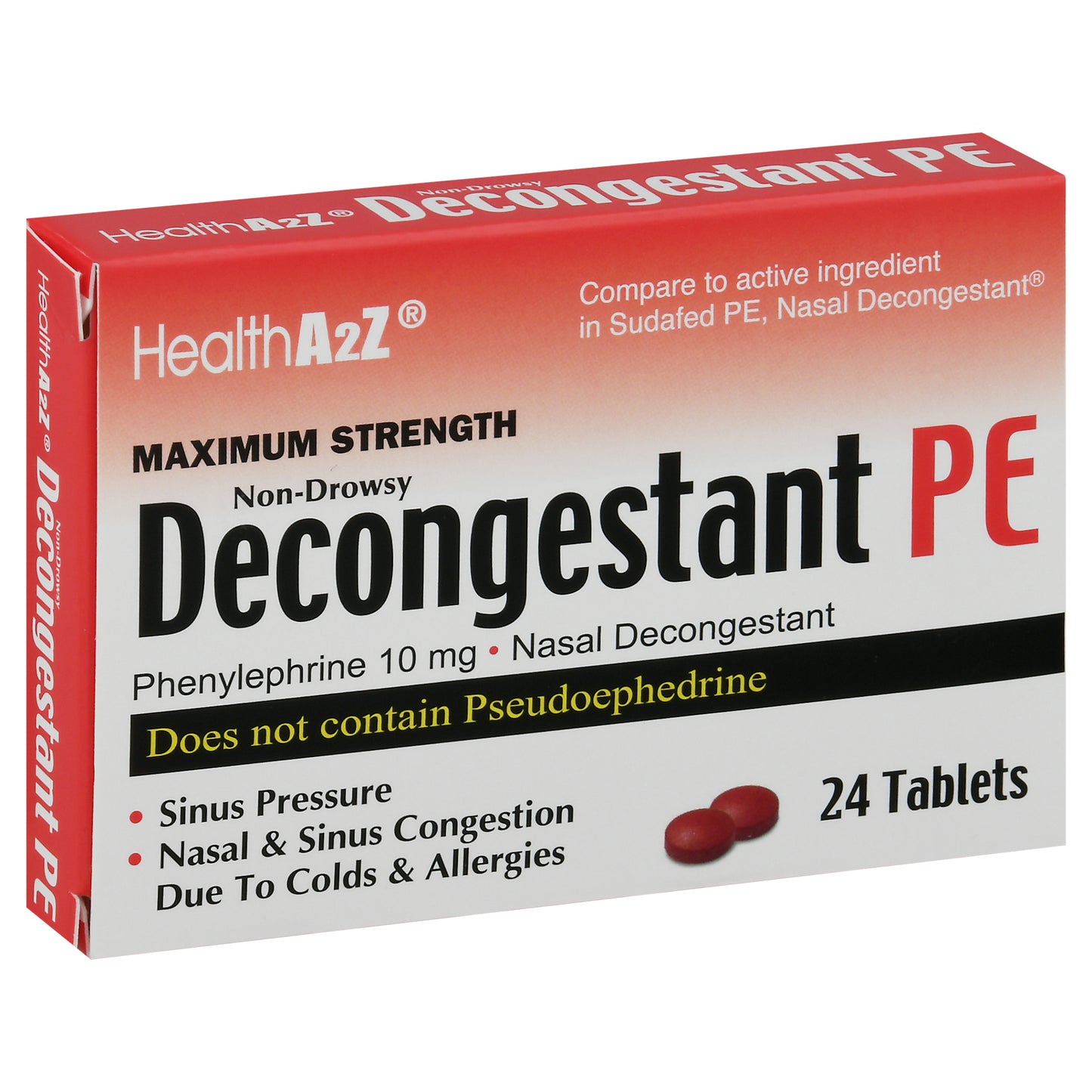 HealthA2Z Tablets 10 mg Maximum Strength Non-Drowsy Decongestant PE 24 Tablets
