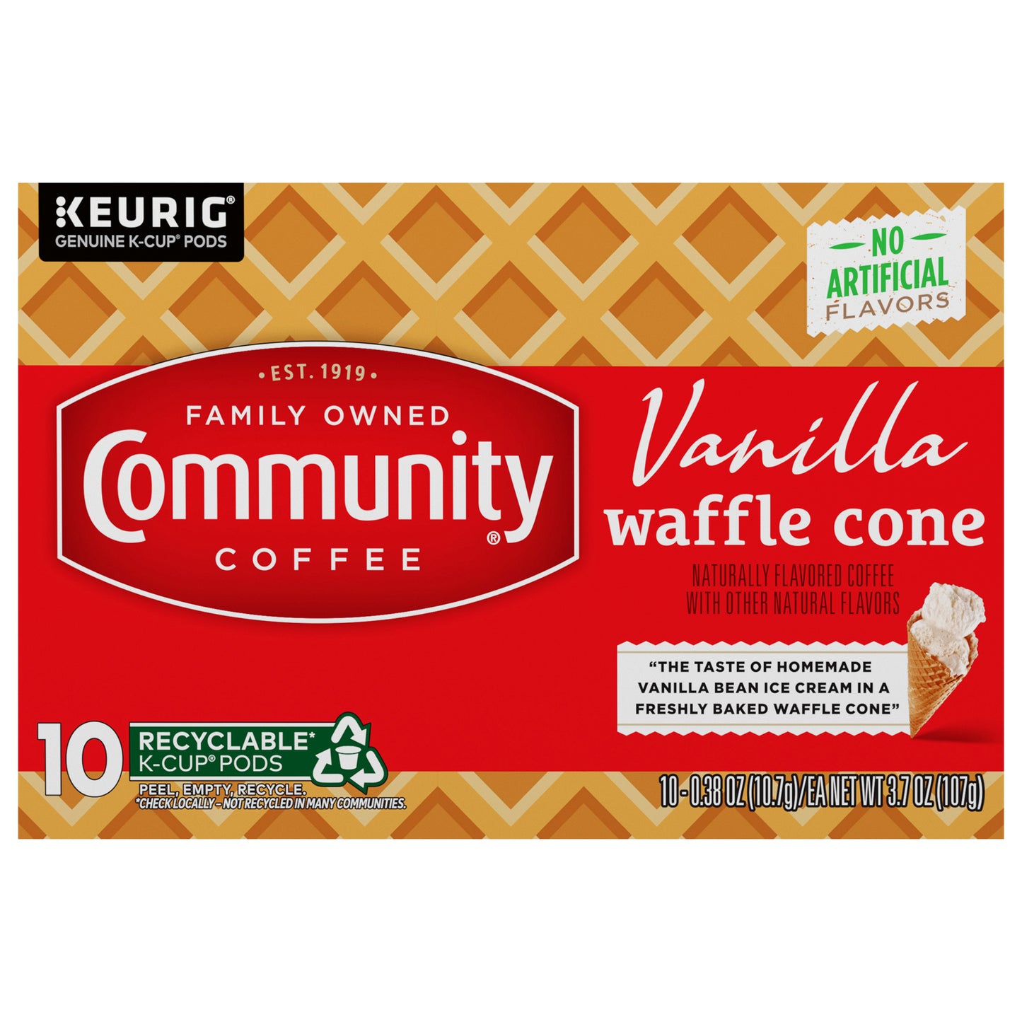 Community Coffee Vanilla Waffle Cone Medium Roast Single Serve 10 ct Box