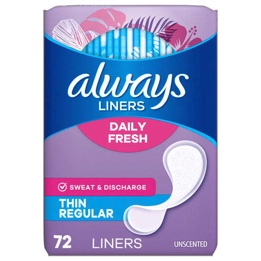 Always Daily Fresh Thin Liners, Regular Absorbency, Unscented Panty Liners, 72 Count