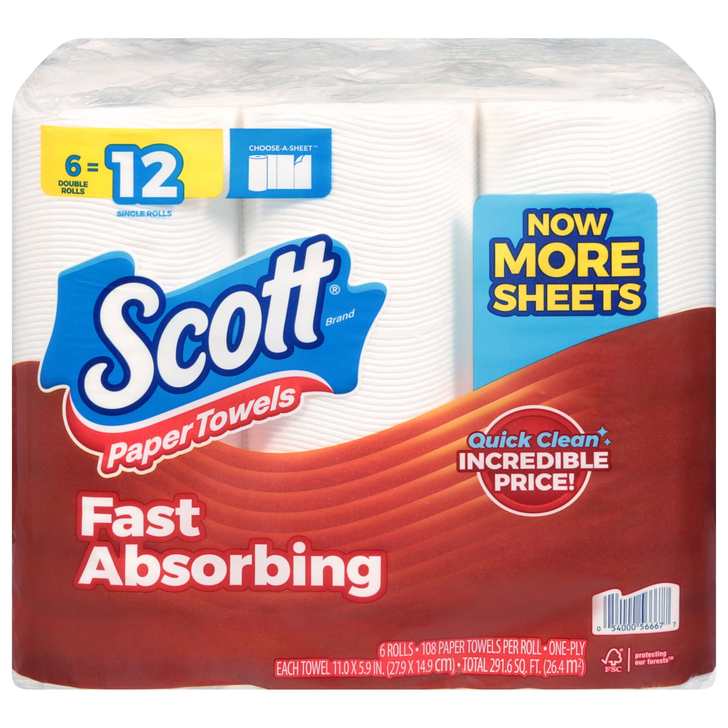Scott One-Ply Fast Absorbing Paper Towels 6 Rolls
