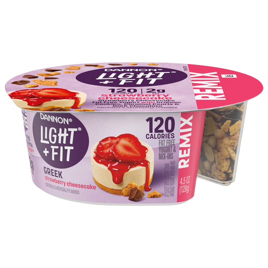 Dannon Light + Fit REMIX Strawberry Cheesecake Nonfat Greek Yogurt with Graham Cookies, Caramel Pearls and Dark Chocolate Mix-Ins, 4.5 OZ Yogurt Cups